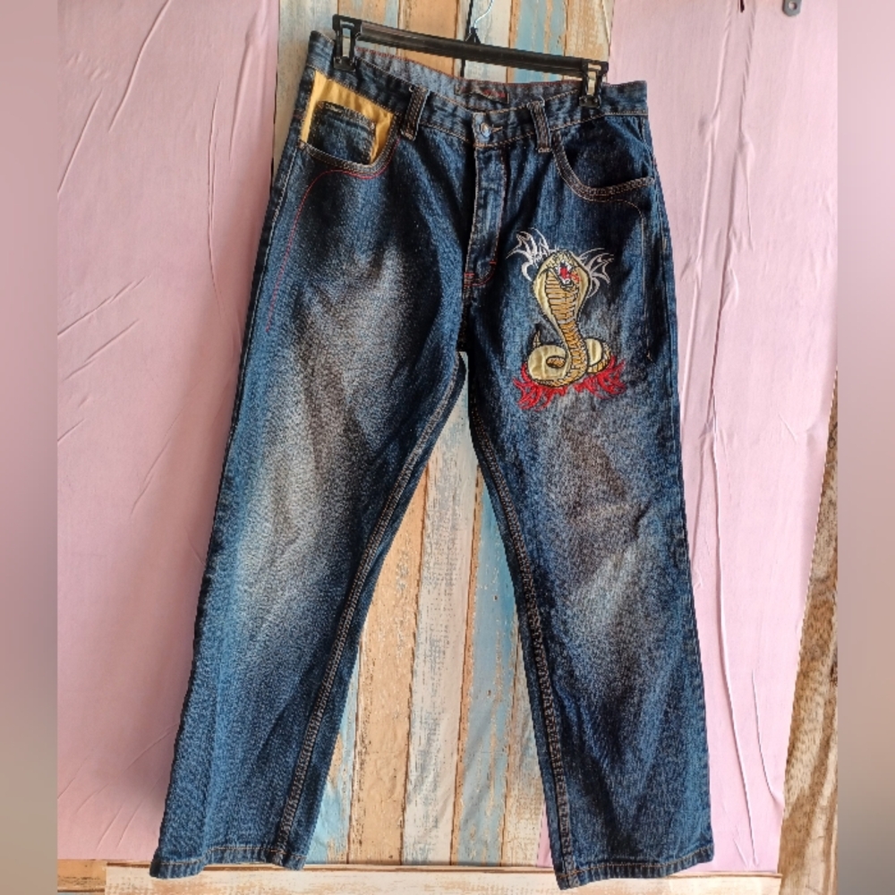 Paco Men's Blue Jeans with Embroidered Design Size 34x31